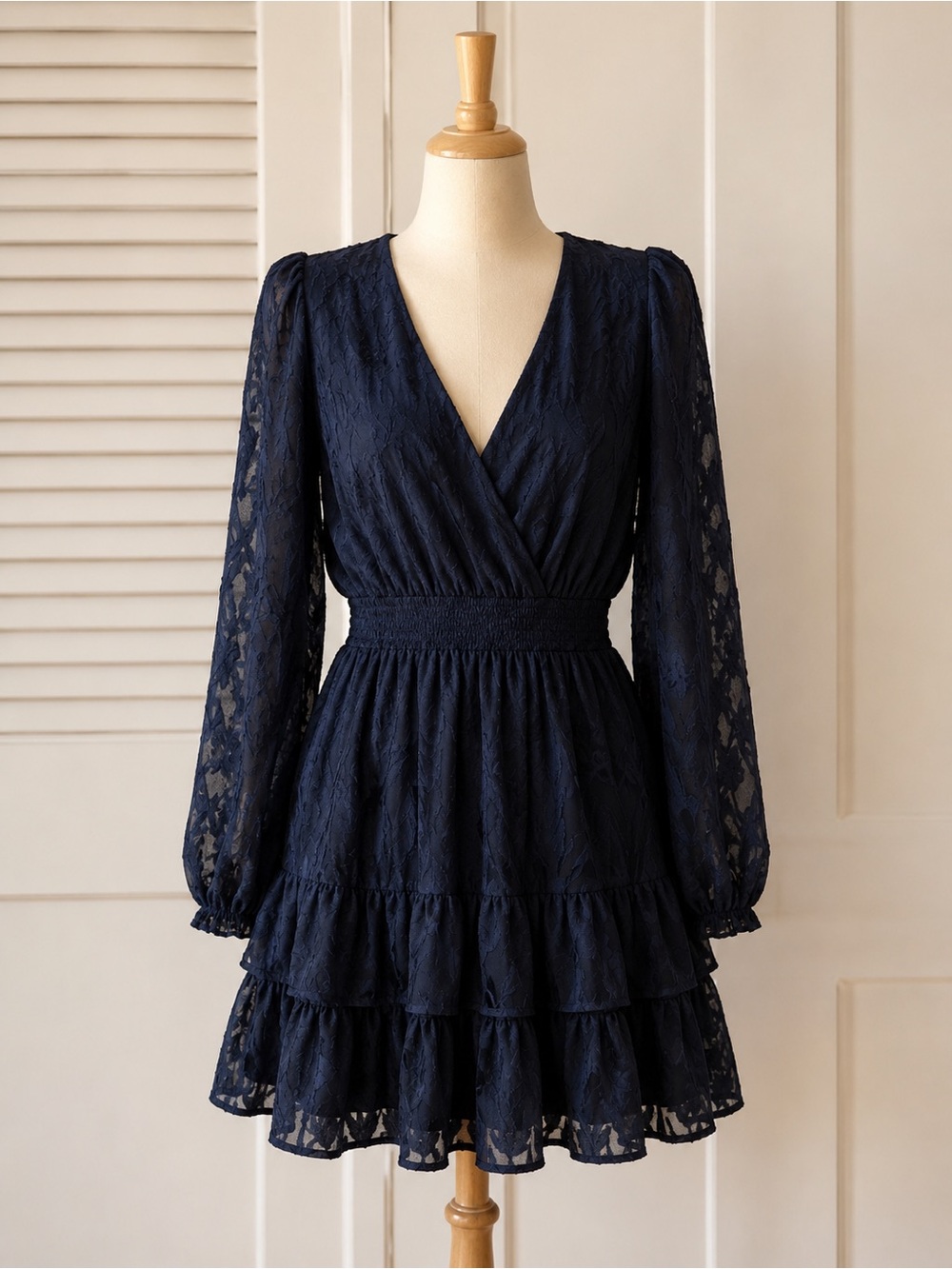 Aqua Navy Lace Tiered V-Neck Long Sleeve Dress